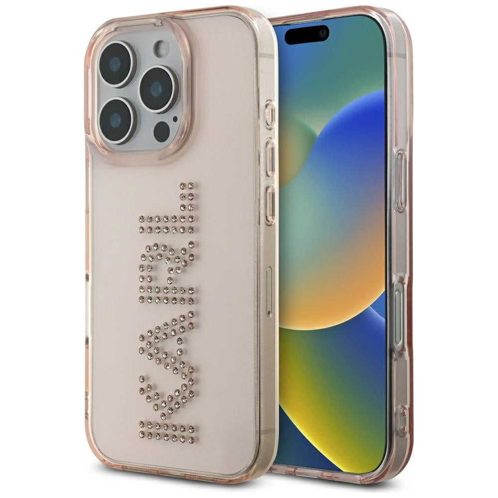 Capa para Apple iPhone 16 Pro Max, Karl Lagerfeld, IML Rhinestones Pink Logo, Rosa