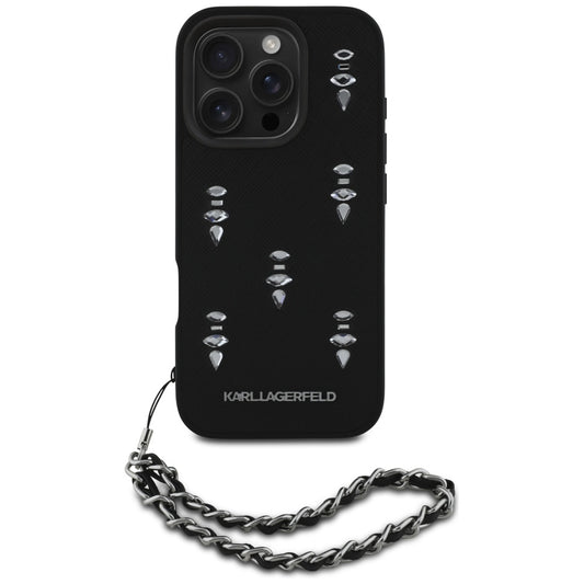 Capa para Apple iPhone 16 Pro Max, Karl Lagerfeld, Saffiano Crystals & Charm, Preta