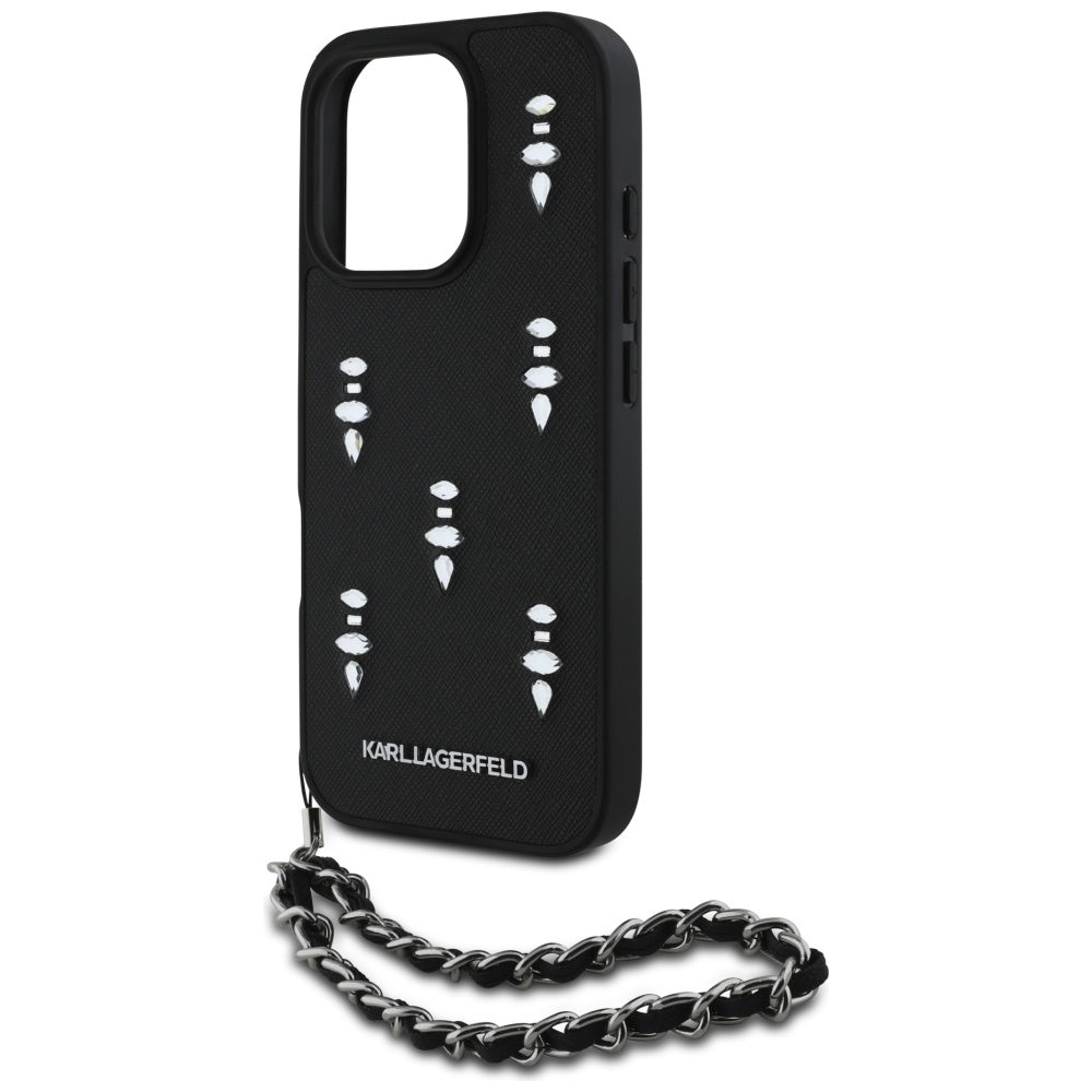 Capa para Apple iPhone 16 Pro Max, Karl Lagerfeld, Saffiano Crystals & Charm, Preta