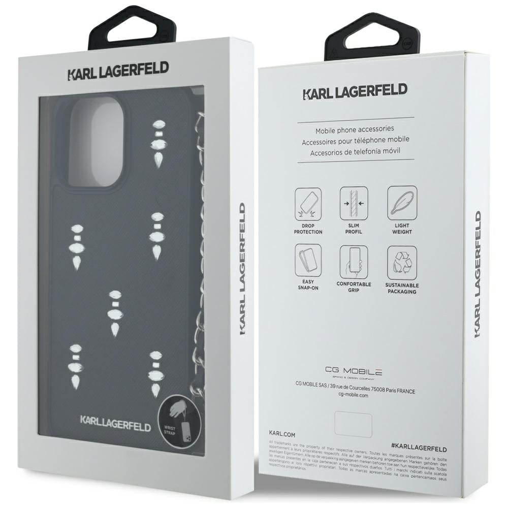 Capa para Apple iPhone 16 Pro Max, Karl Lagerfeld, Saffiano Crystals & Charm, Preta