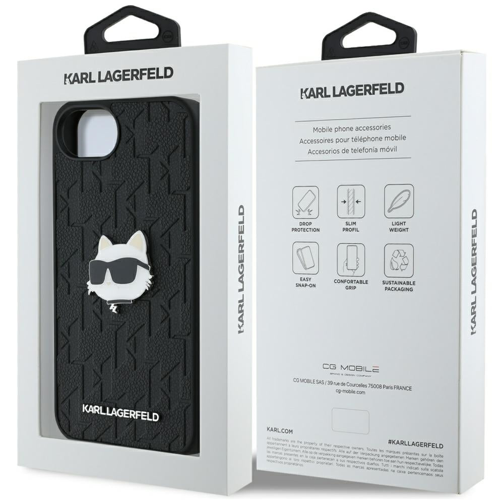 Capa para Apple iPhone 17e / 16e, Karl Lagerfeld, Monograma da Cabeça de Choupette, Preta