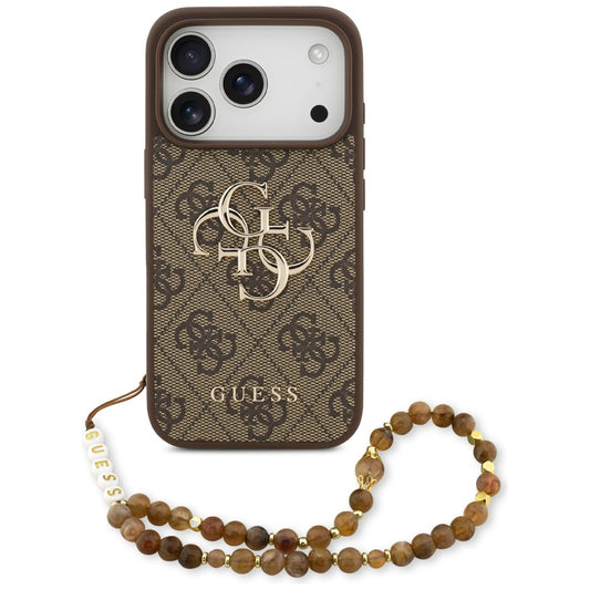 Capa para Apple iPhone 17 Pro, Guess, 4G Classic Logo com Alça de Pérola, Marrom