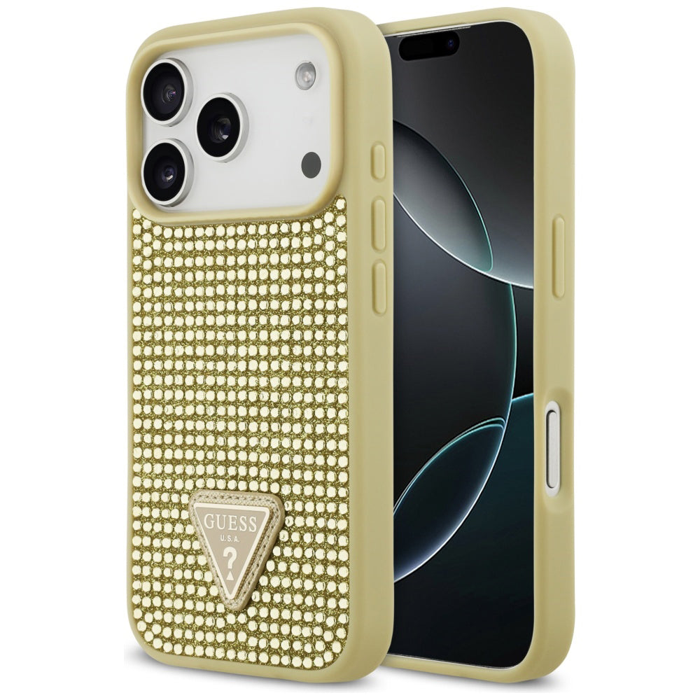 Capa para Apple iPhone 17 Pro, Guess, Logotipo Triângulo de Strass, Dourada