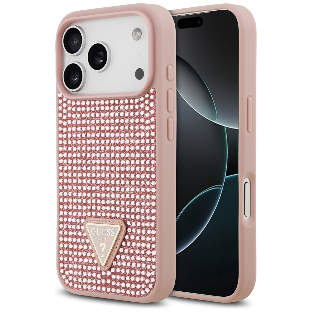 Capa para Apple iPhone 17 Pro, Guess, Logotipo Triângulo de Strass, Rosa