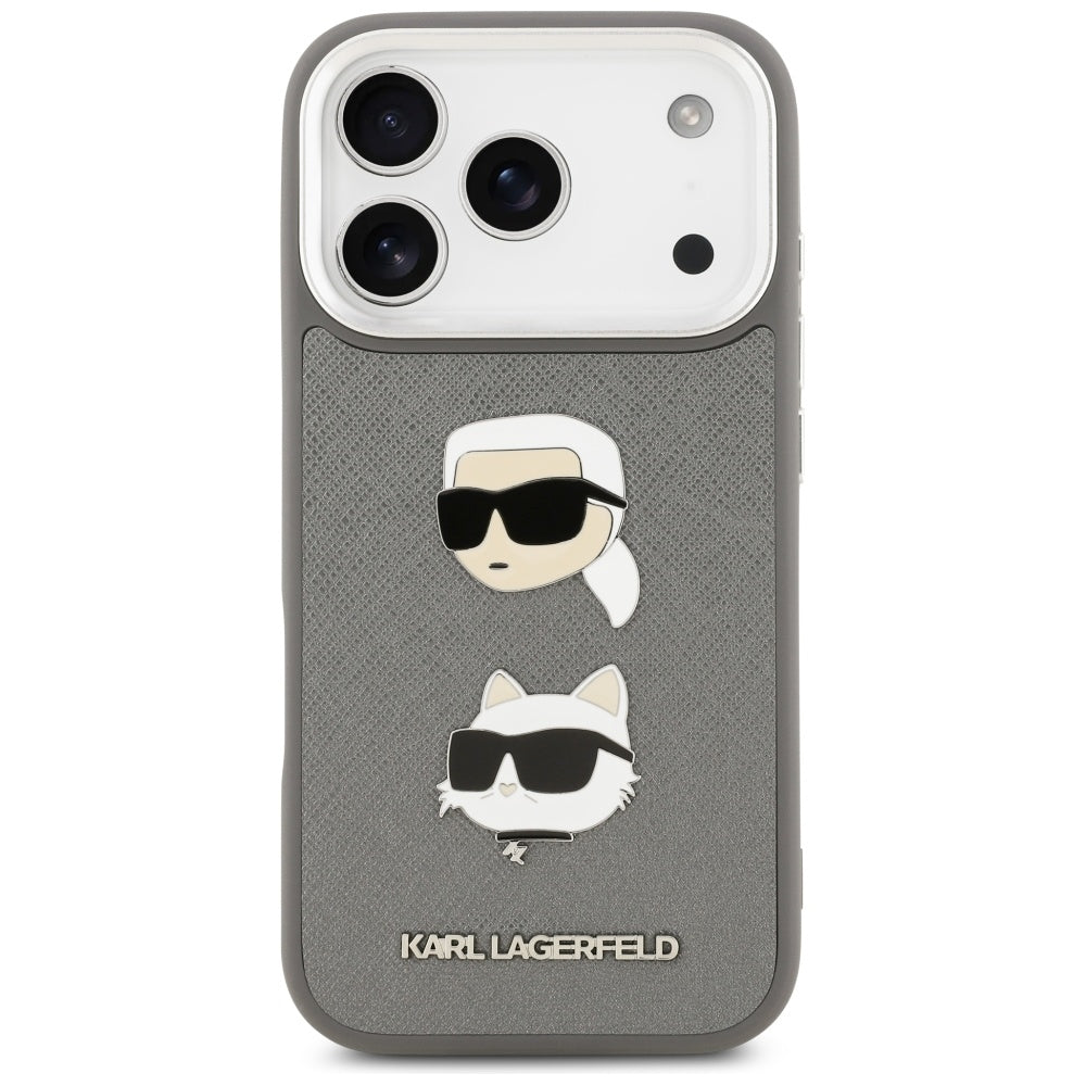 Capa para Apple iPhone 17 Pro, Karl Lagerfeld, Grained Karl & Choupette's Heads Pins and Logo, Cinza