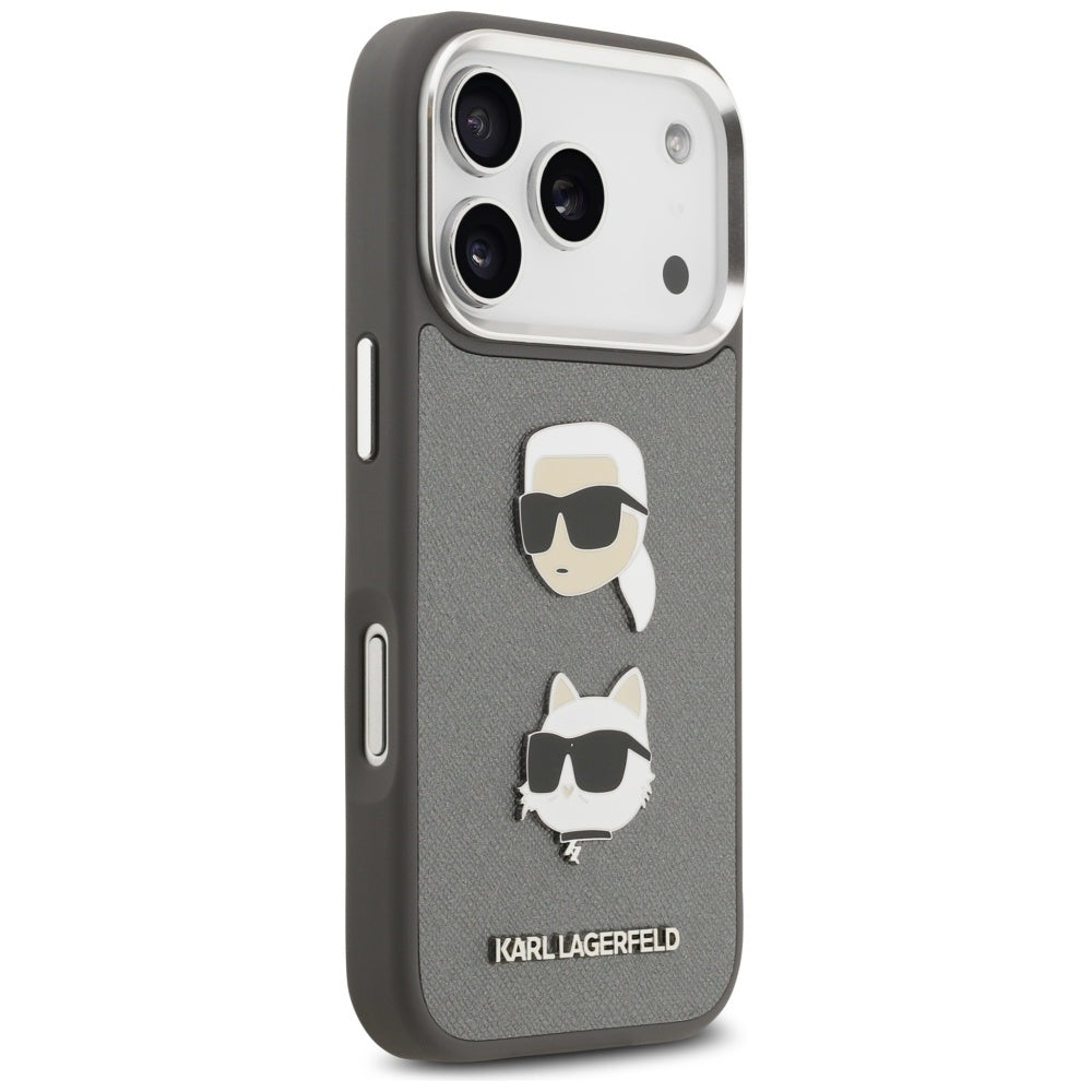 Capa para Apple iPhone 17 Pro, Karl Lagerfeld, Grained Karl & Choupette's Heads Pins and Logo, Cinza