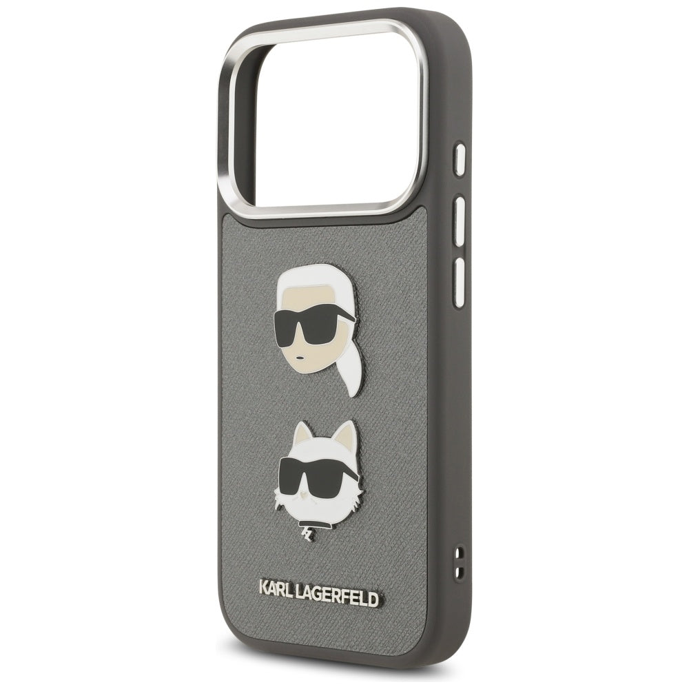 Capa para Apple iPhone 17 Pro, Karl Lagerfeld, Grained Karl & Choupette's Heads Pins and Logo, Cinza