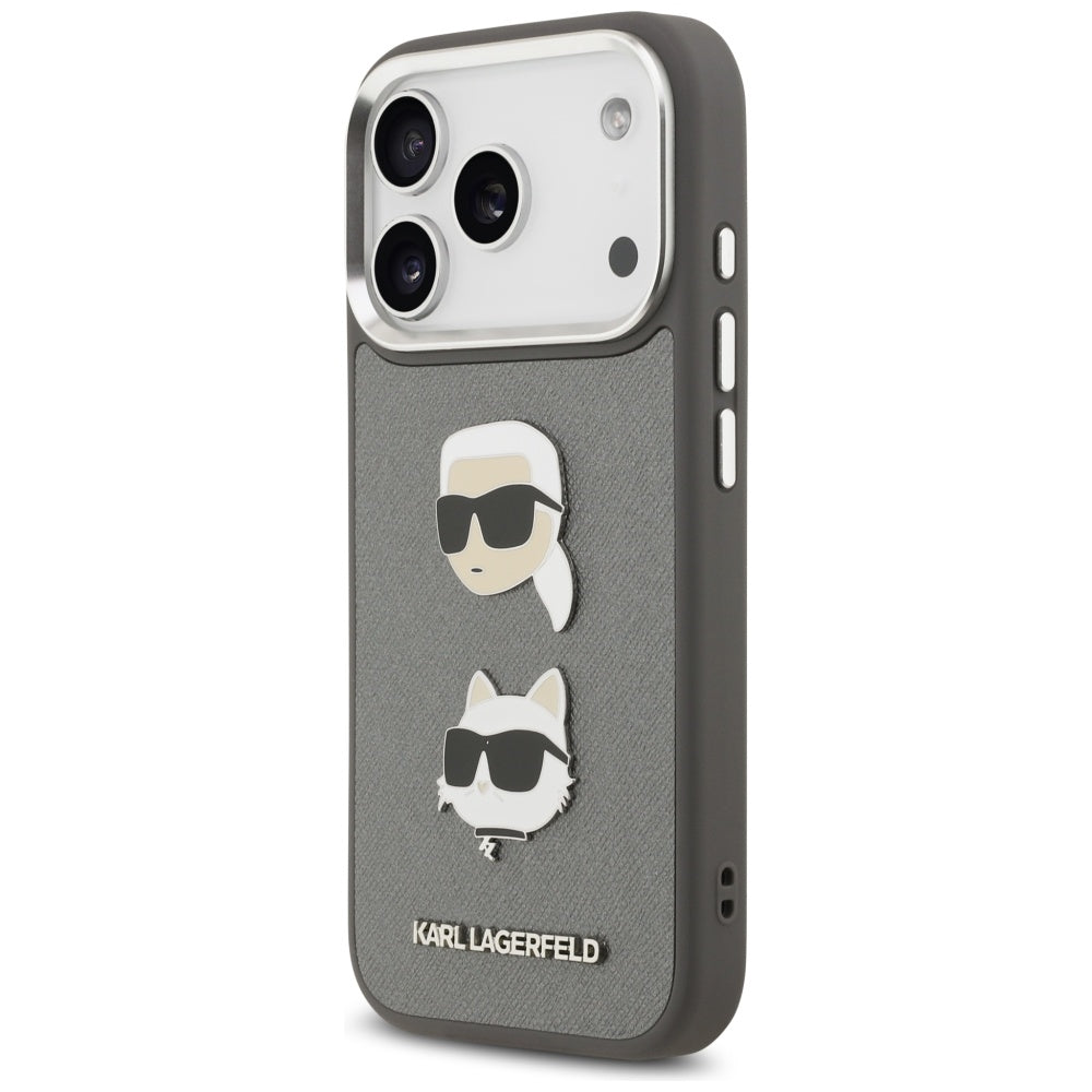 Capa para Apple iPhone 17 Pro, Karl Lagerfeld, Grained Karl & Choupette's Heads Pins and Logo, Cinza