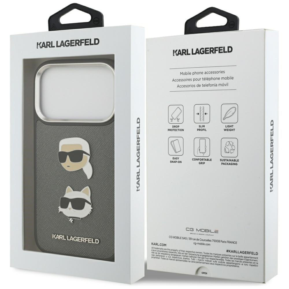 Capa para Apple iPhone 17 Pro, Karl Lagerfeld, Grained Karl & Choupette's Heads Pins and Logo, Cinza