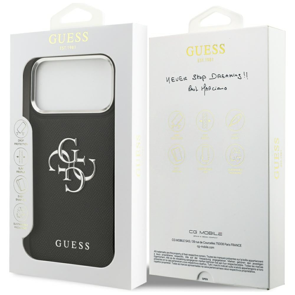 Capa para Apple iPhone 17 Pro Max, Guess, 4G Grained Big and Classic Logo, Preta e Prateada