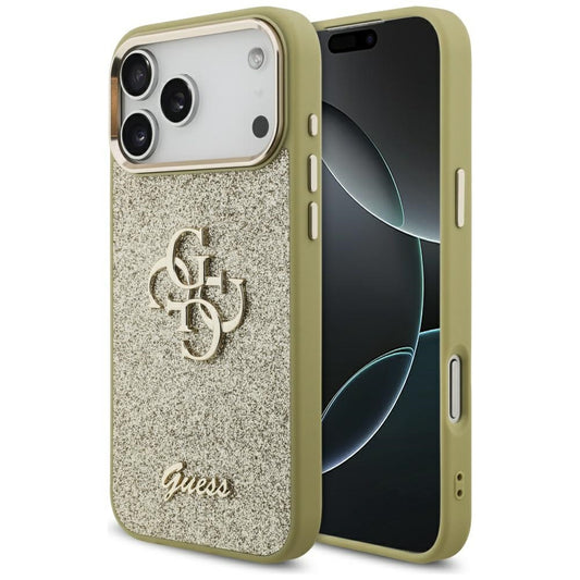 Capa para Apple iPhone 17 Pro Max, Guess, Fixed Glitter Big 4G Metal Frame, Dourada