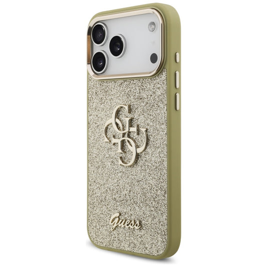 Capa para Apple iPhone 17 Pro Max, Guess, Fixed Glitter Big 4G Metal Frame, Dourada