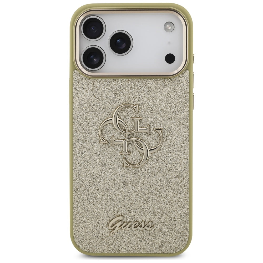 Capa para Apple iPhone 17 Pro Max, Guess, Fixed Glitter Big 4G Metal Frame, Dourada