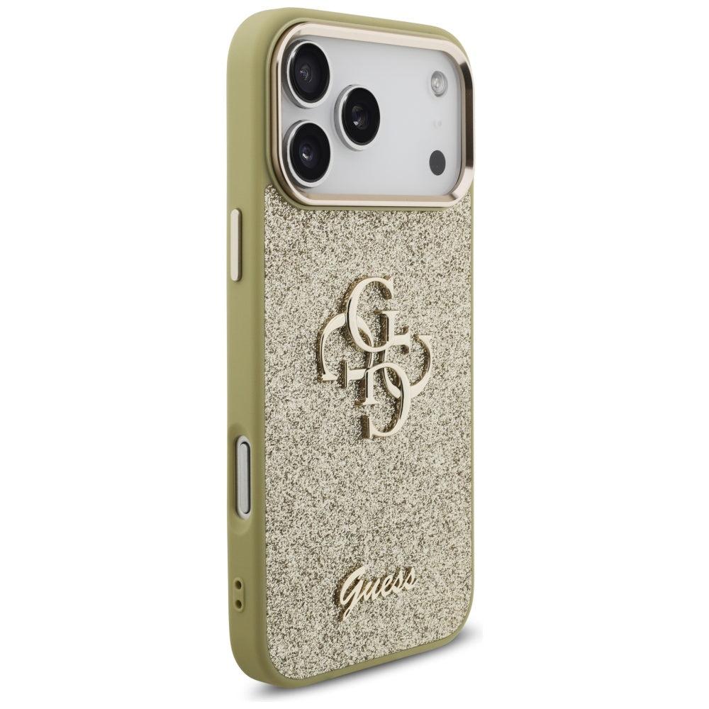 Capa para Apple iPhone 17 Pro Max, Guess, Fixed Glitter Big 4G Metal Frame, Dourada