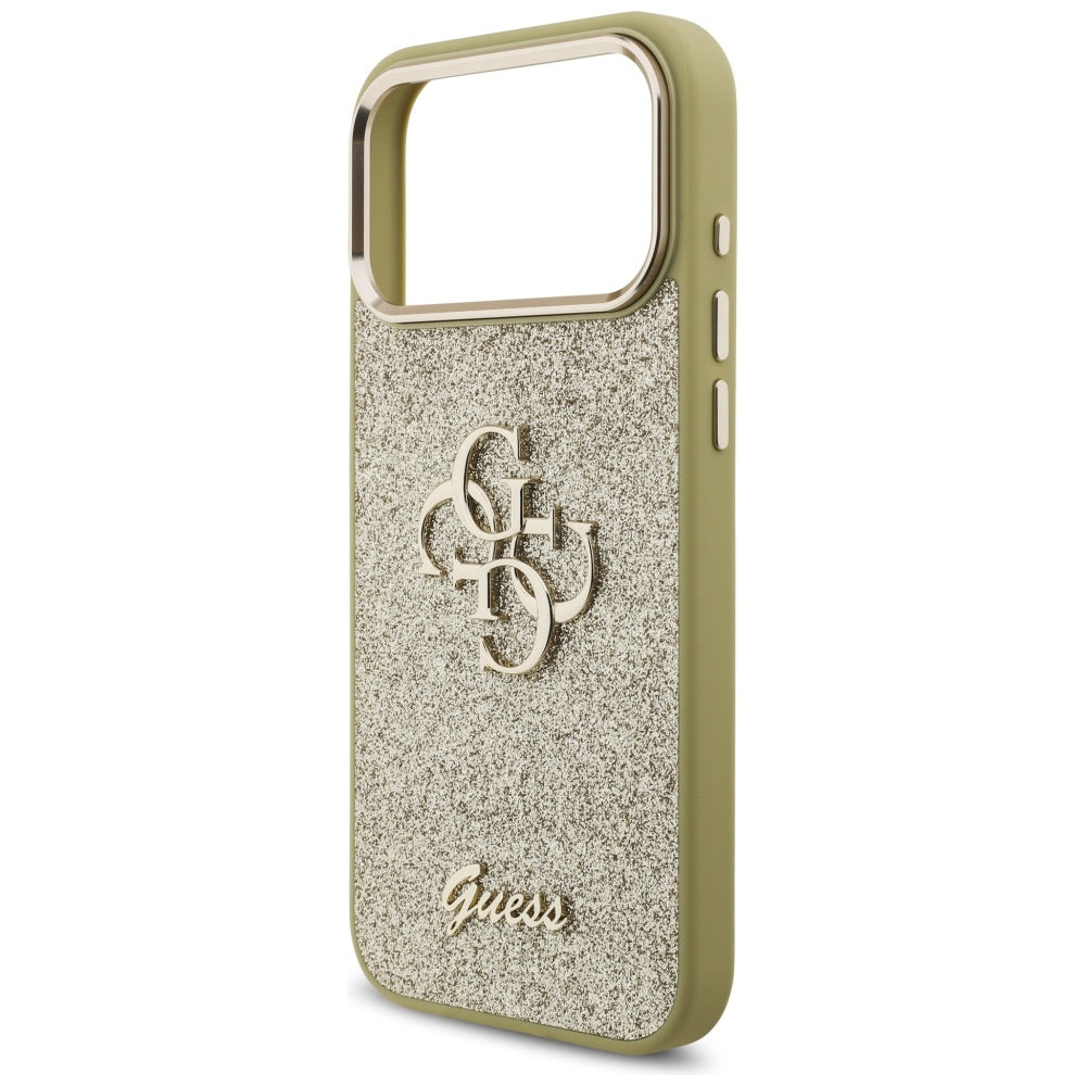 Capa para Apple iPhone 17 Pro Max, Guess, Fixed Glitter Big 4G Metal Frame, Dourada