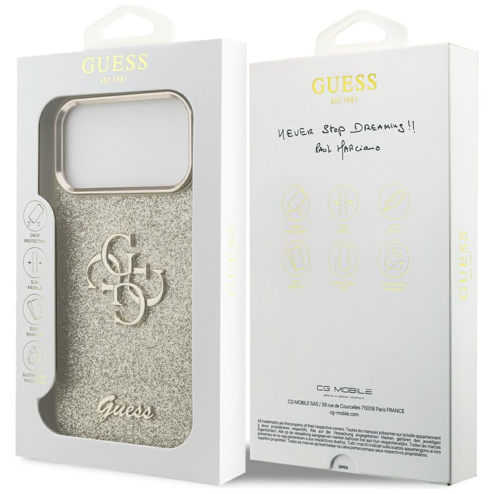 Capa para Apple iPhone 17 Pro Max, Guess, Fixed Glitter Big 4G Metal Frame, Dourada