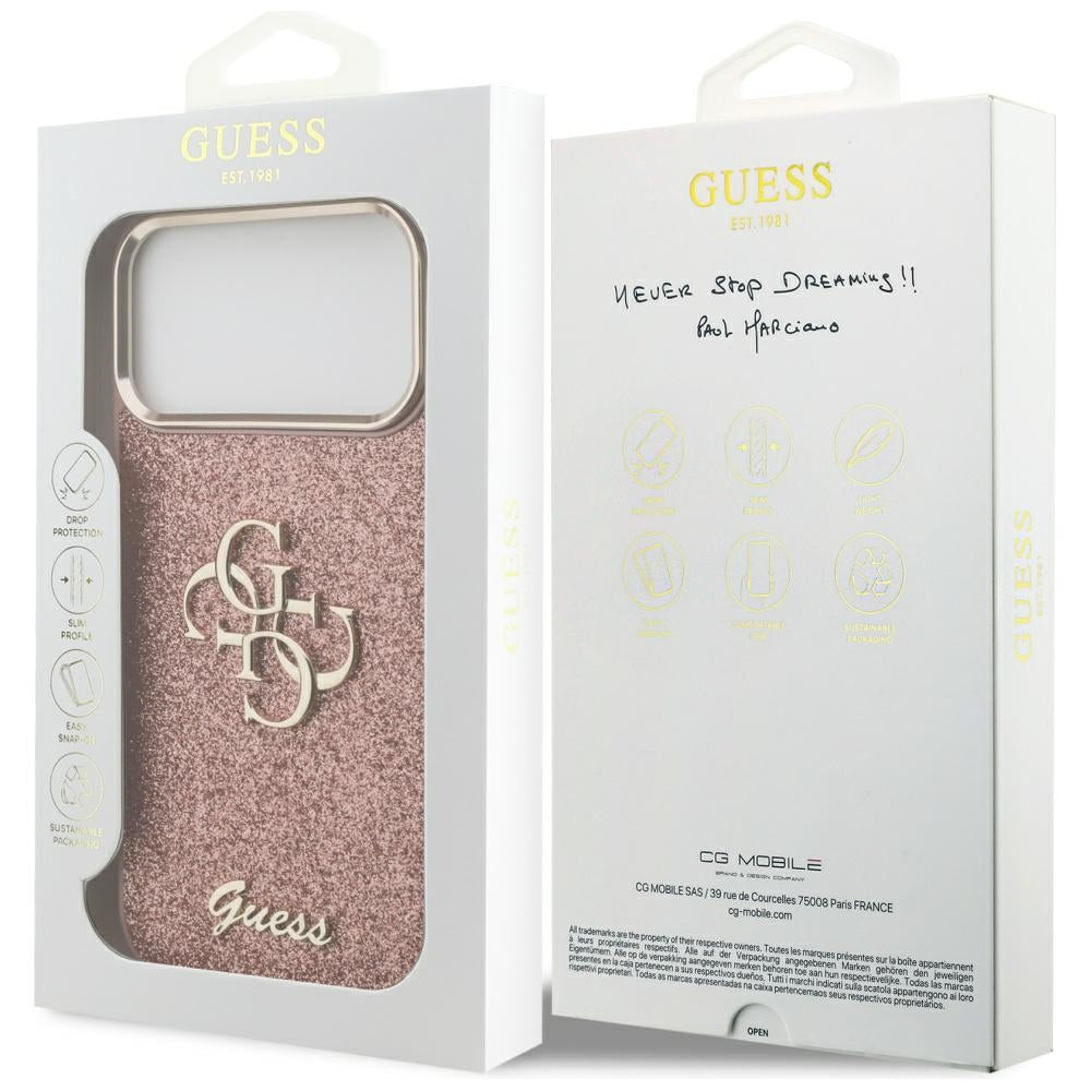 Capa para Apple iPhone 17 Pro Max, Guess, Fixed Glitter Big 4G Metal Frame, Rosa
