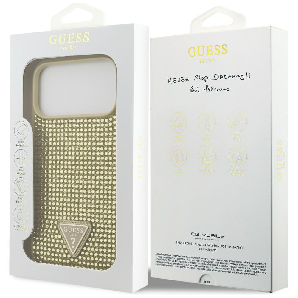 Capa para Apple iPhone 17 Pro Max, Guess, Logotipo Triângulo de Strass, Dourada
