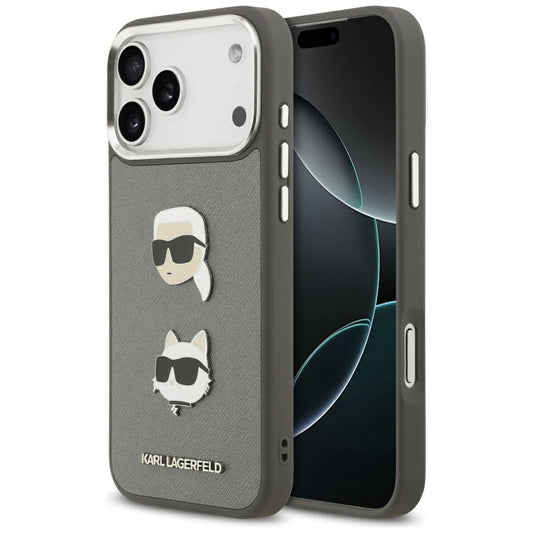 Capa para Apple iPhone 17 Pro Max, Karl Lagerfeld, Grained Karl & Choupette's Heads Pins and Logo, Cinza