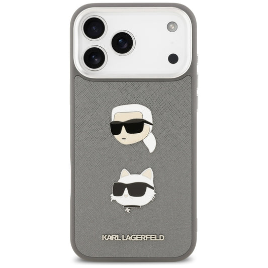 Capa para Apple iPhone 17 Pro Max, Karl Lagerfeld, Grained Karl & Choupette's Heads Pins and Logo, Cinza