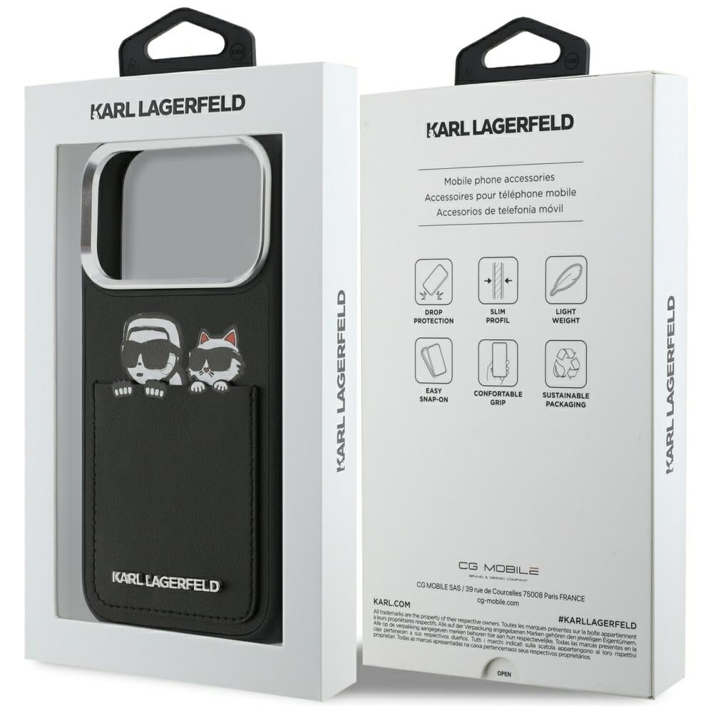 Capa para Apple iPhone 17 Pro Max, Karl Lagerfeld, Estampa Karl & Choupette com Bolso, Preta