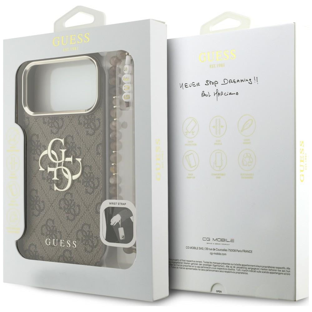 Capa para Apple iPhone 18 Pro / 17 Pro, Guess, 4G Classic Logo with Strap, Castanho Dourado