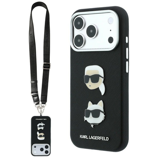 Capa para Apple iPhone 18 Pro / 17 Pro, Karl Lagerfeld, Saffiano Crossbody Karl & Choupette Head's Pins Logo, Preta