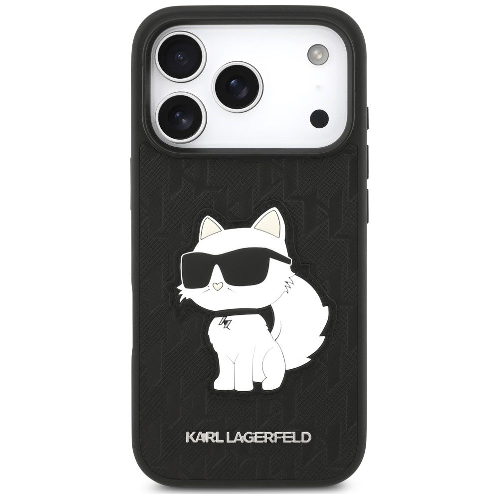 Capa para Apple iPhone 18 Pro / 17 Pro, Karl Lagerfeld, Saffiano Mono Patch Choupette, Preta