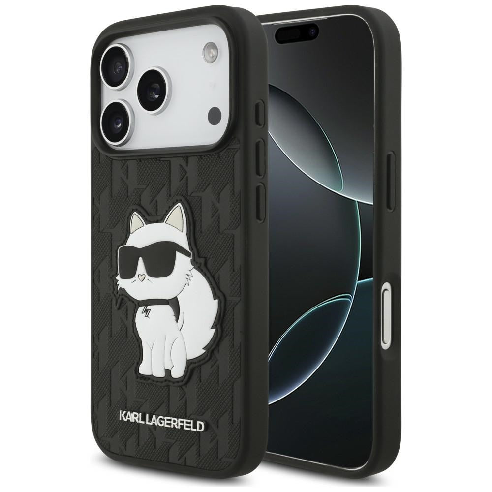 Capa para Apple iPhone 18 Pro / 17 Pro, Karl Lagerfeld, Saffiano Mono Patch Choupette, Preta