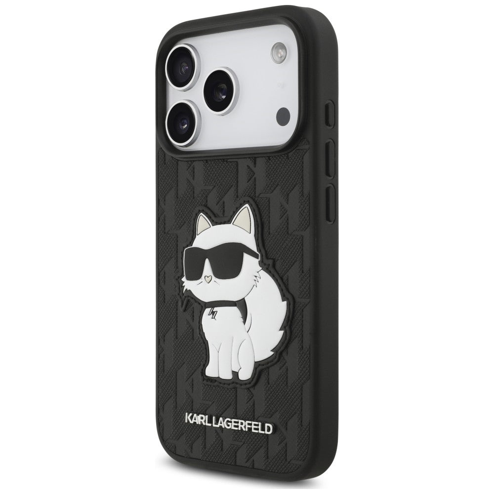 Capa para Apple iPhone 18 Pro / 17 Pro, Karl Lagerfeld, Saffiano Mono Patch Choupette, Preta