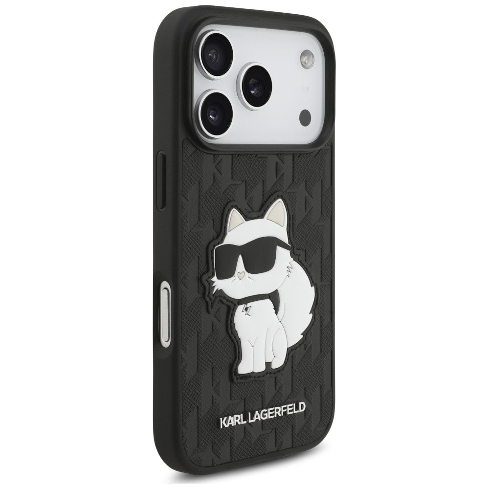 Capa para Apple iPhone 18 Pro / 17 Pro, Karl Lagerfeld, Saffiano Mono Patch Choupette, Preta
