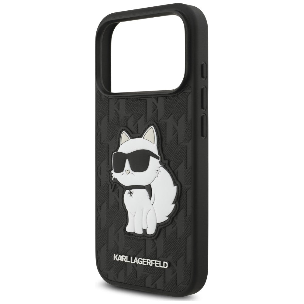 Capa para Apple iPhone 18 Pro / 17 Pro, Karl Lagerfeld, Saffiano Mono Patch Choupette, Preta