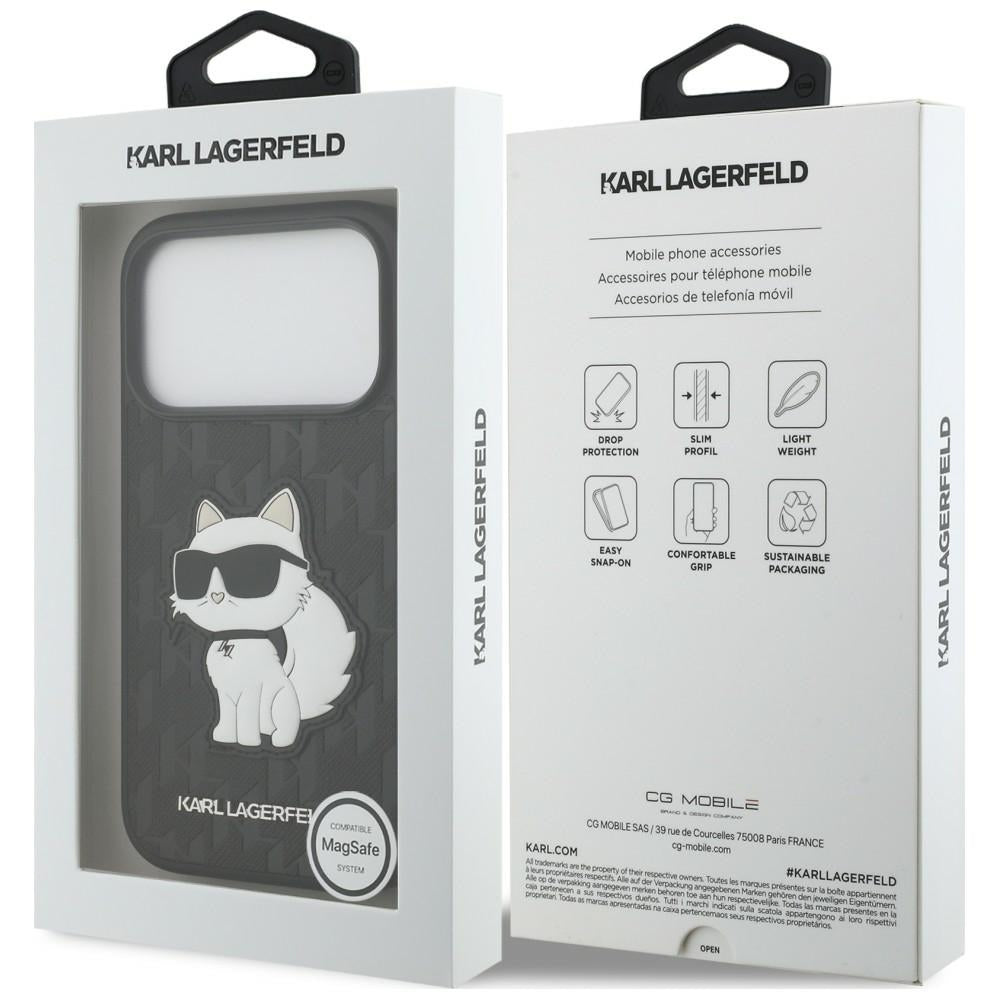 Capa para Apple iPhone 18 Pro / 17 Pro, Karl Lagerfeld, Saffiano Mono Patch Choupette, Preta