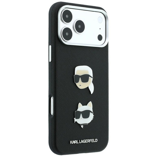 Capa para Apple iPhone 18 Pro / 17 Pro, Karl Lagerfeld, Saffiano com alfinete com as cabeças de Karl e Choupette e logótipo, preta
