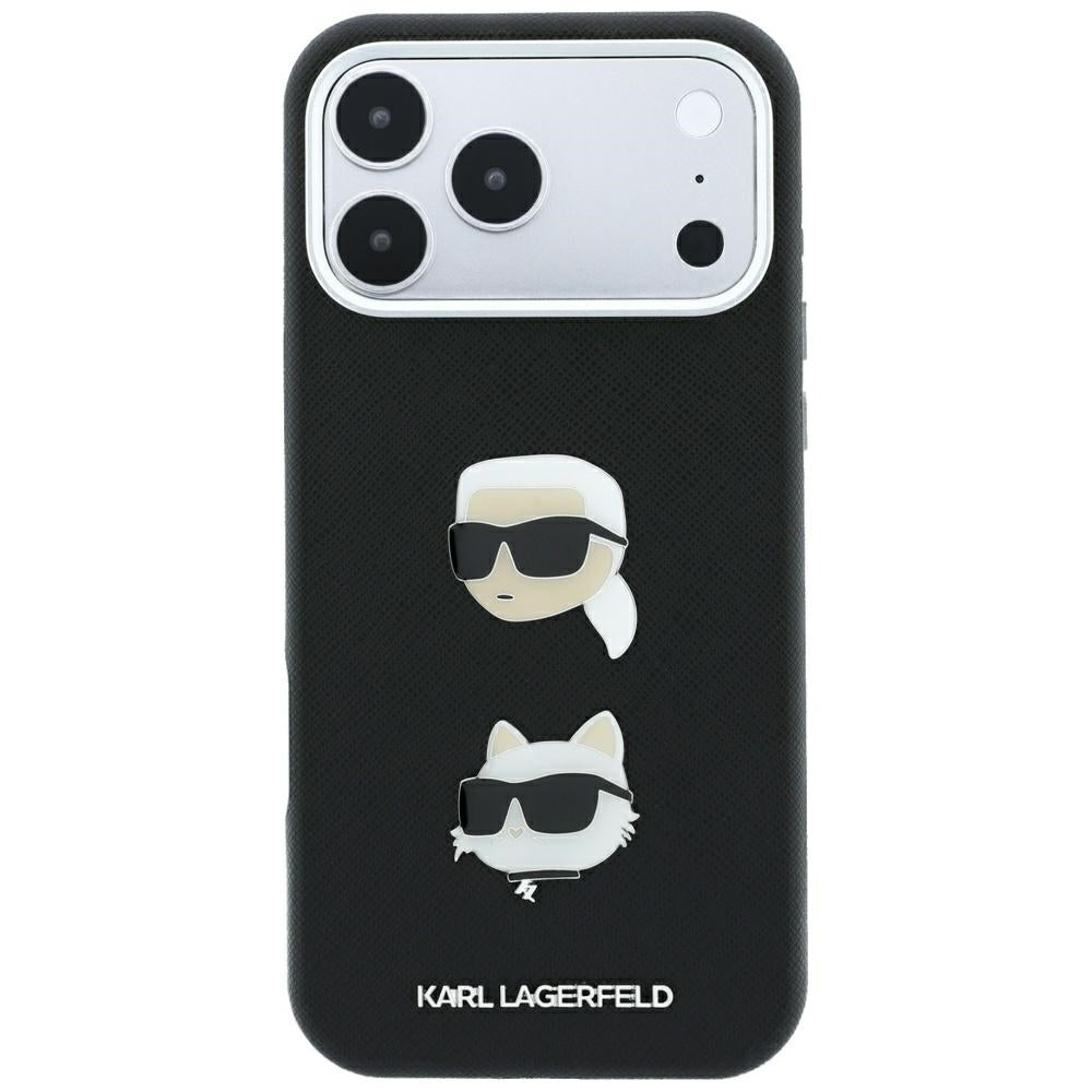 Capa para Apple iPhone 18 Pro / 17 Pro, Karl Lagerfeld, Saffiano com alfinete com as cabeças de Karl e Choupette e logótipo, preta