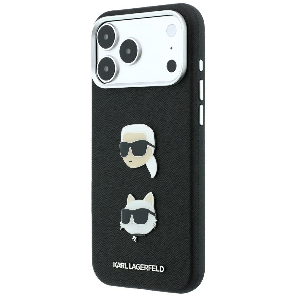 Capa para Apple iPhone 18 Pro / 17 Pro, Karl Lagerfeld, Saffiano com alfinete com as cabeças de Karl e Choupette e logótipo, preta