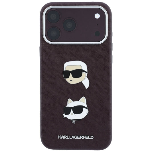 Capa para Apple iPhone 18 Pro / 17 Pro, Karl Lagerfeld, Saffiano com Pin da Cabeça de Karl & Choupette e Logótipo, Vinho