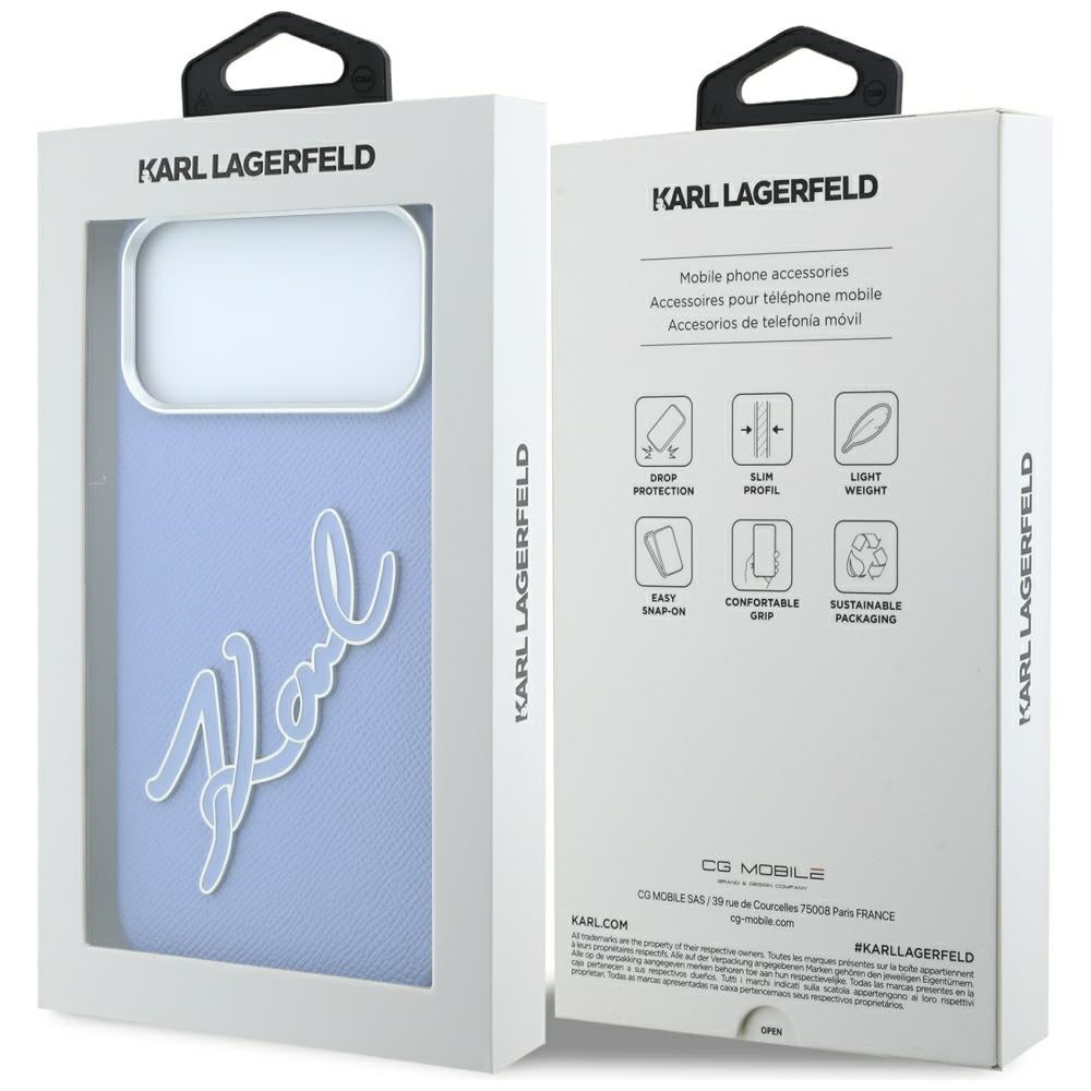 Capa para Apple iPhone 18 Pro / 17 Pro, Karl Lagerfeld, Logo Assinatura de Resina Lisa Grande, Azul
