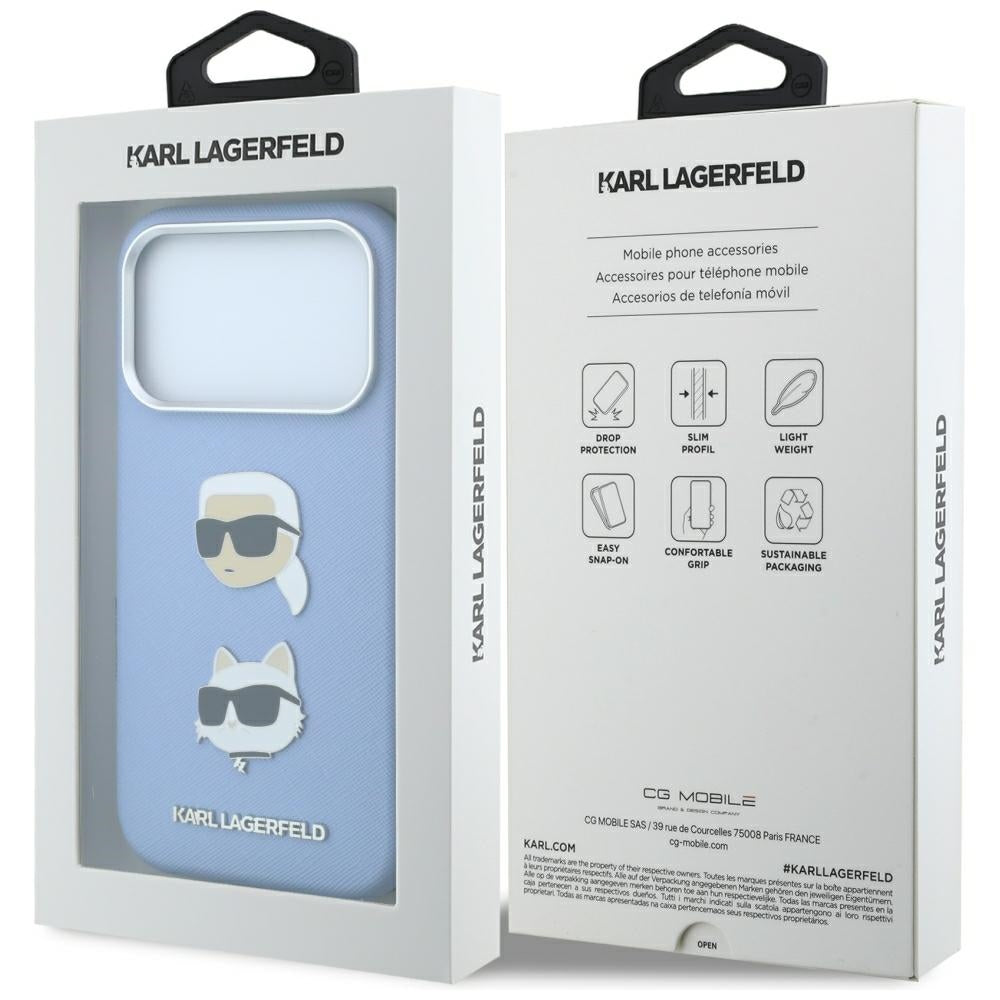 Capa para Apple iPhone 18 Pro Max / 17 Pro Max, Karl Lagerfeld, Saffiano com Pin da Cabeça de Karl & Choupette e Logótipo, Azul