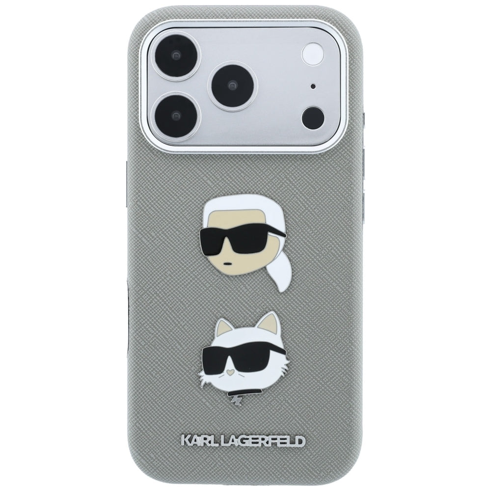 Capa para Apple iPhone 18 Pro Max / 17 Pro Max, Karl Lagerfeld, Saffiano com alfinete das cabeças de Karl e Choupette e logótipo, cinzenta