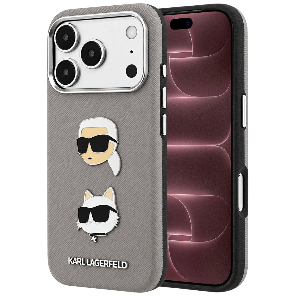 Capa para Apple iPhone 18 Pro Max / 17 Pro Max, Karl Lagerfeld, Saffiano com alfinete das cabeças de Karl e Choupette e logótipo, cinzenta