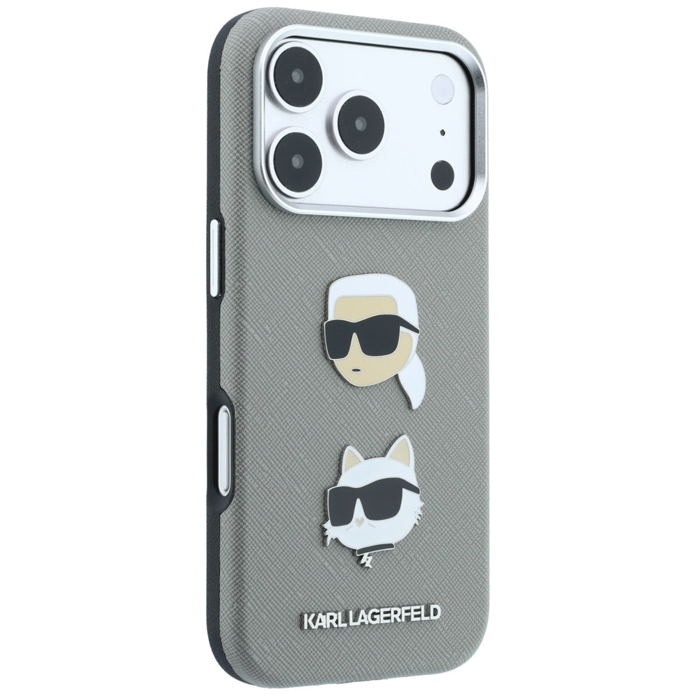 Capa para Apple iPhone 18 Pro Max / 17 Pro Max, Karl Lagerfeld, Saffiano com alfinete das cabeças de Karl e Choupette e logótipo, cinzenta