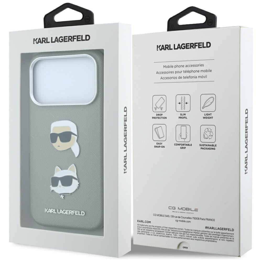 Capa para Apple iPhone 18 Pro Max / 17 Pro Max, Karl Lagerfeld, Saffiano com alfinete das cabeças de Karl e Choupette e logótipo, cinzenta
