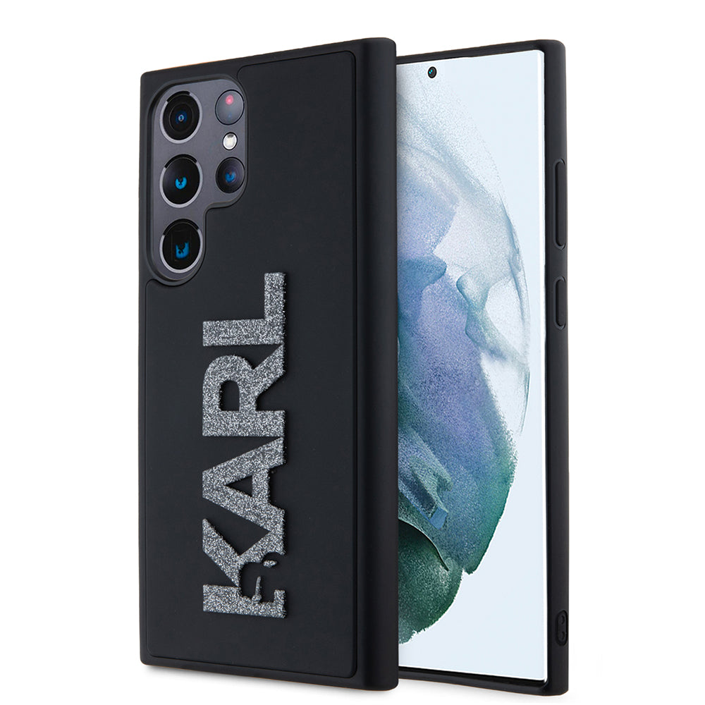 Capa para Samsung Galaxy S23 Ultra S918, Karl Lagerfeld, Logo de Borracha Glitter 3D, Preta