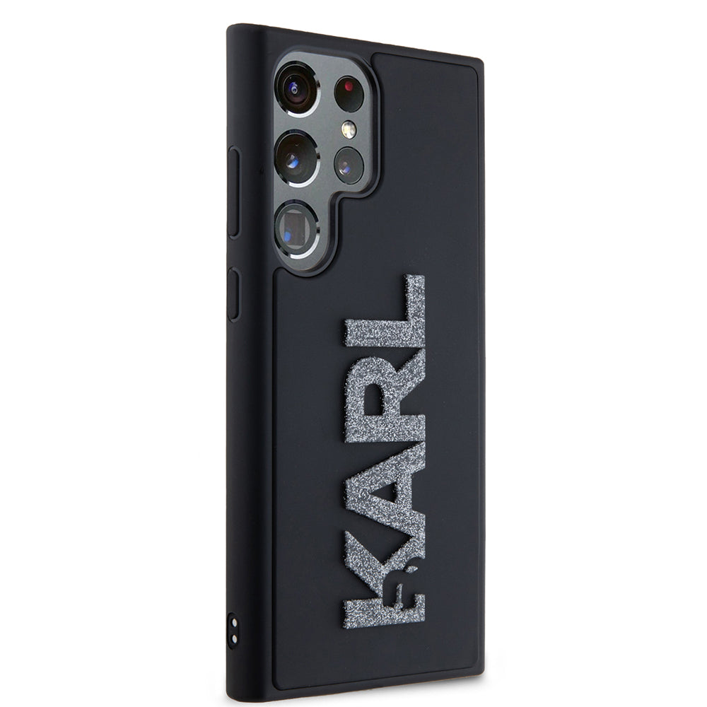 Capa para Samsung Galaxy S23 Ultra S918, Karl Lagerfeld, Logo de Borracha Glitter 3D, Preta