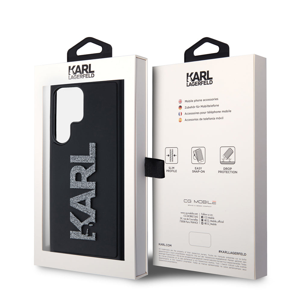 Capa para Samsung Galaxy S23 Ultra S918, Karl Lagerfeld, Logo de Borracha Glitter 3D, Preta