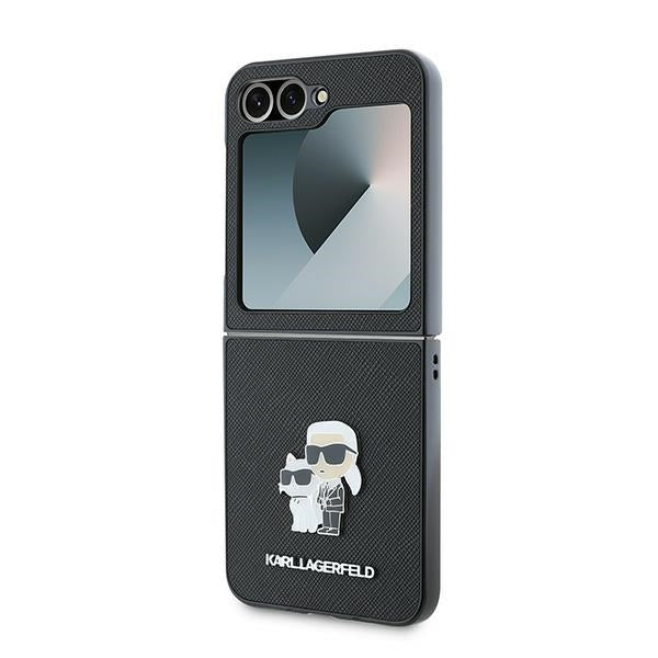 Capa para Samsung Galaxy Z Flip7 FE F761 / Z Flip6 F741, Karl Lagerfeld, Saffiano Karl & Choupette Metal, Preta.