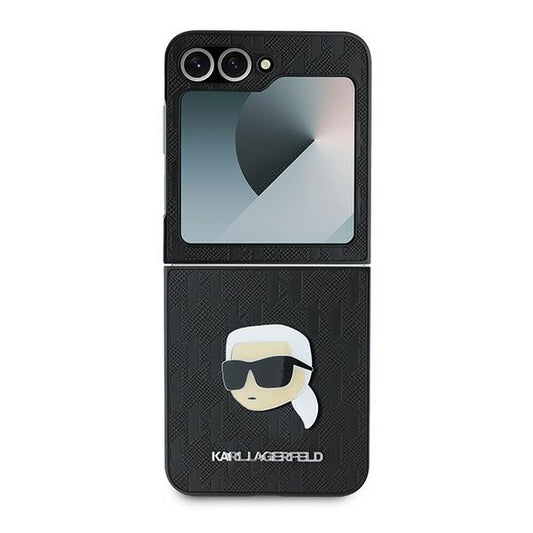 Capa para Samsung Galaxy Z Flip7 FE F761 / Z Flip6 F741, Karl Lagerfeld, Saffiano Monogram Karl's Head Metal, Preta