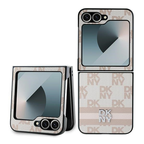 Capa para Samsung Galaxy Z Flip7 FE F761 / Z Flip6 F741, DKNY, Estampa de Listras Xadrez, Rosa