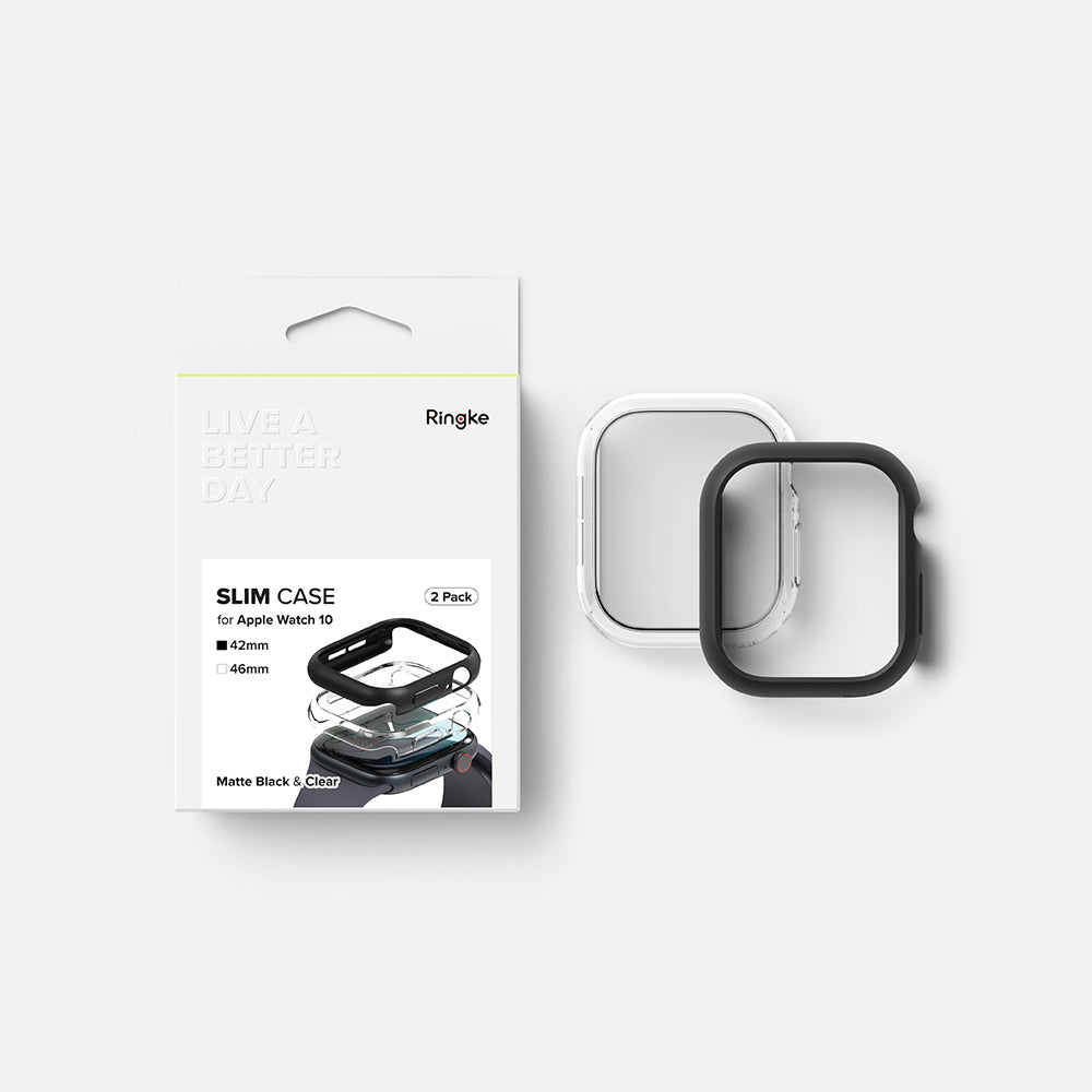Capa Ringke Slim para Apple Watch Series 10 / 11 46mm, Conjunto de 2 peças, Preto Fosco / Transparente